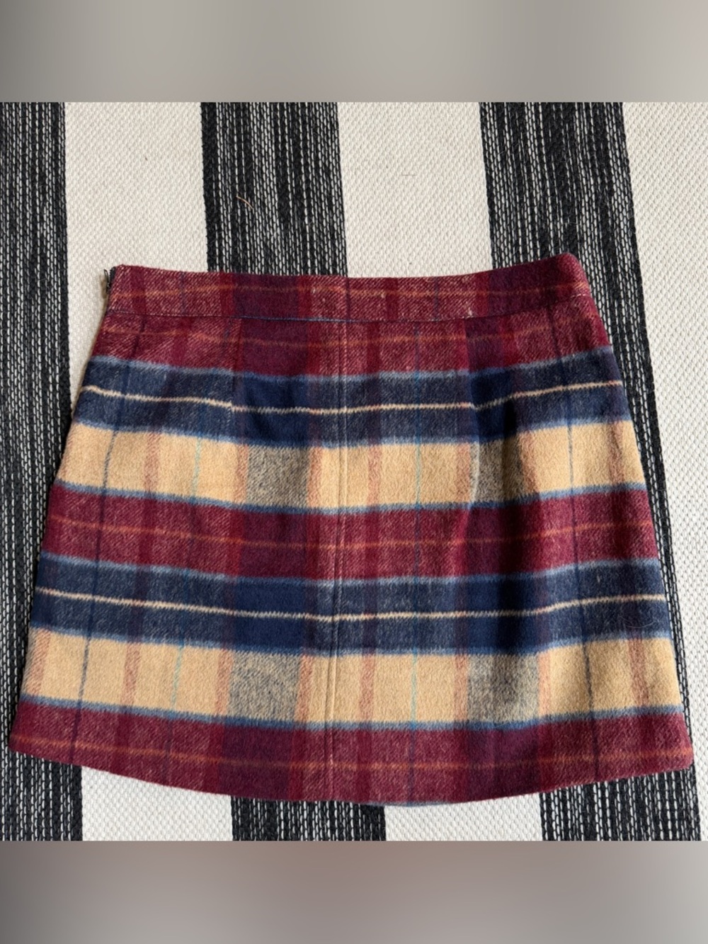 Lulu's Burgundy Plaid A-Line Mini Skirt with Navy and Cream Stripes Size L NEW